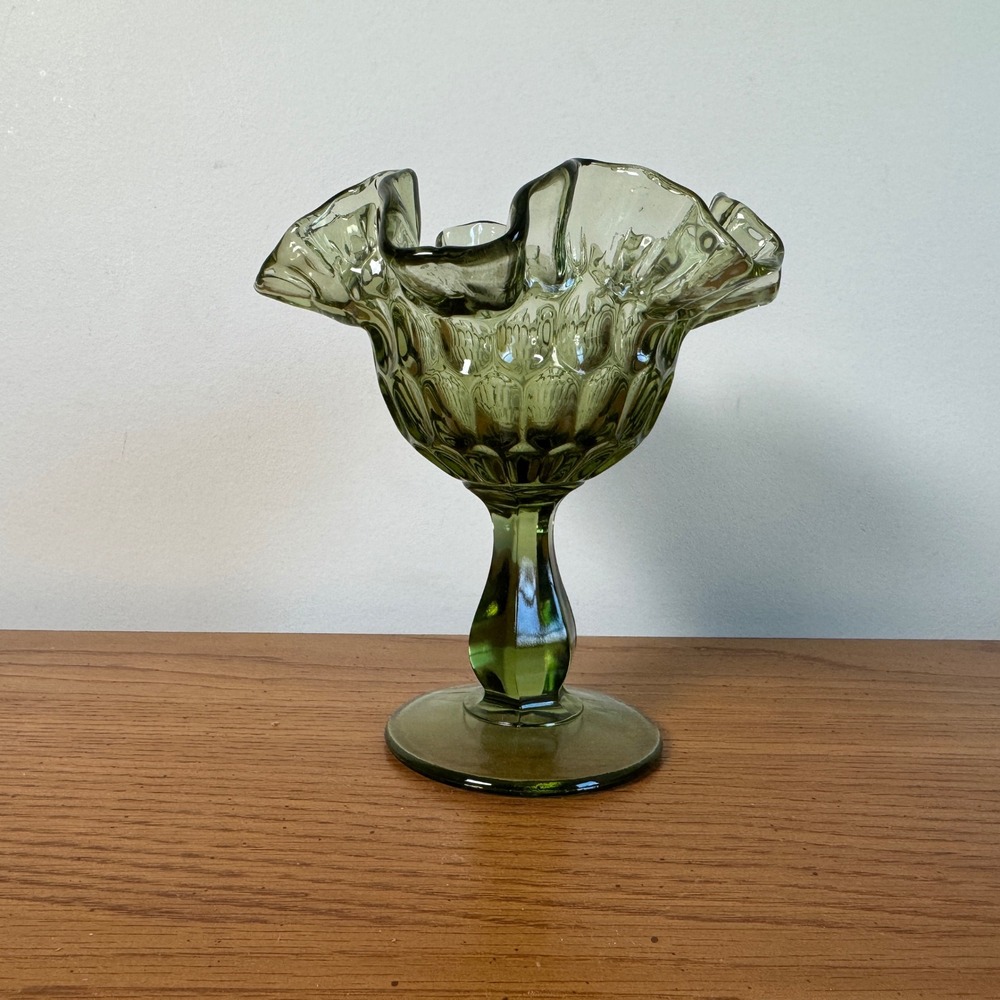 Fenton‎ Uranium Green Glass Ruffled Thumbprint Compote Pedestal Candy Dish